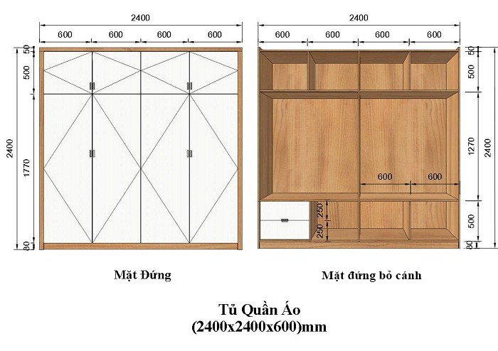 Tiêu chuẩn kích thước tủ đựng quần áo loại 2 cánh, 3 cánh, 4 cánh…